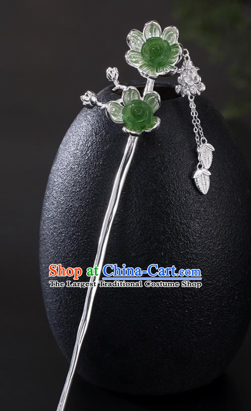 Chinese Cheongsam Headpiece Traditional Hair Accessories Handmade Silver Tassel Hairpin Classical Jade Rose Hair Stick