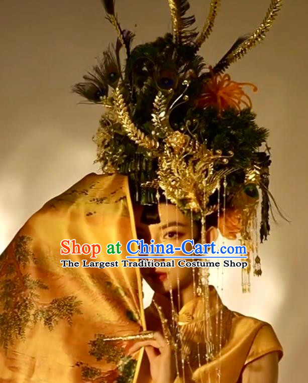 Custom China Stage Show Peacock Hair Crown Opera Deluxe Phoenix Coronet Catwalks Headdress Wedding Hair Accessories