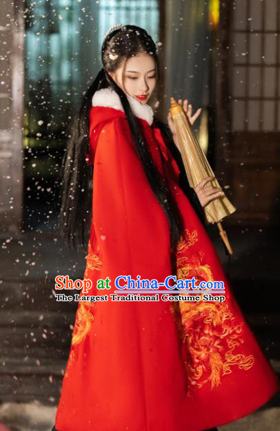 China Ancient Royal Infanta Hanfu Cloak Traditional Ming Dynasty Princess Embroidered Red Cape Historical Clothing