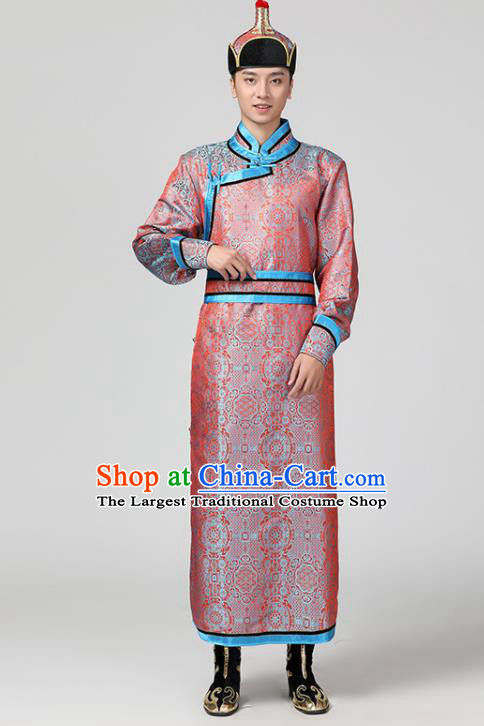 Chinese Ethnic Stage Performance Costume Minority Festival Clothing Mongol Nationality Folk Dance Pink Brocade Robe Mongolian Male Garment
