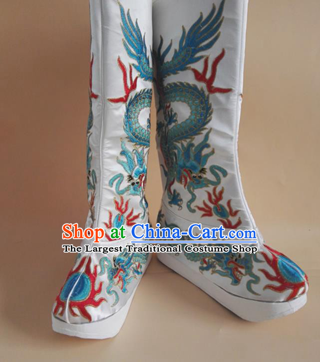Chinese Ancient King Shoes Beijing Opera Emperor Shoes Handmade Embroidered Dragon White Satin Boots Sichuan Opera Shoes
