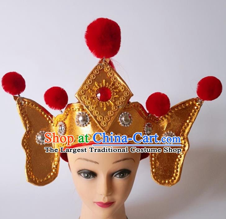 Chinese Peking Opera Wusheng Golden Hat Ancient Warrior Headpieces Beijing Opera Young Male Helmet Headdress