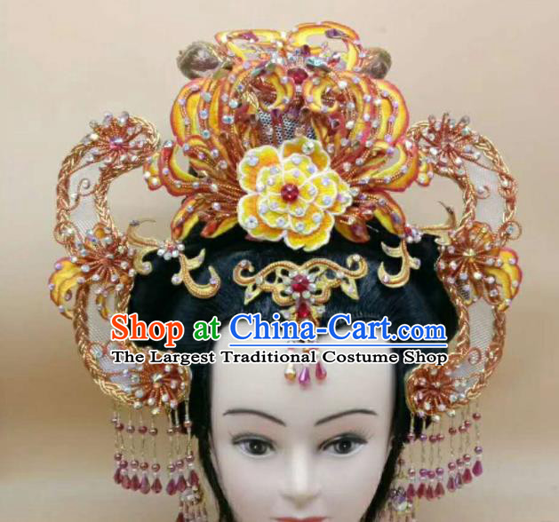 Chinese Ancient Queen Phoenix Coronet Peking Opera Empress Yellow Hair Crown Beijing Opera Hua Tan Headdress