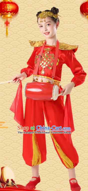 Chinese Drum Dance Dress New Year Yangge Dance Clothing Children Yangko Dance Red Uniforms Folk Dance Costumes