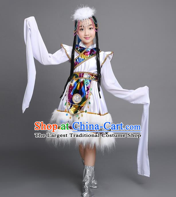 Chinese Zang Nationality Girls Clothing Ethnic Children Folk Dance Garments Tibetan Minority Performance White Dress