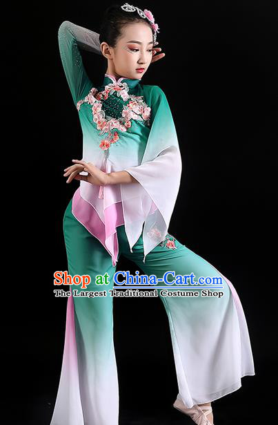 Chinese Children Dance Performance Green Uniforms Folk Dance Outfits Fan Dance Costumes Yangko Dance Clothing