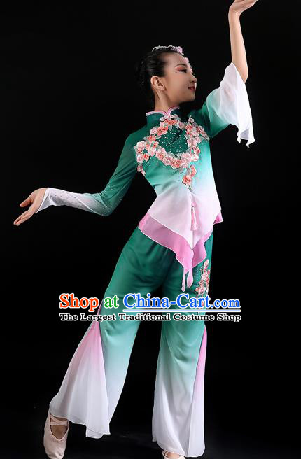 Chinese Children Dance Performance Green Uniforms Folk Dance Outfits Fan Dance Costumes Yangko Dance Clothing