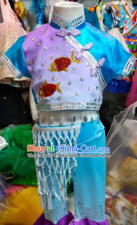 Chinese Folk Dance Blue Outfits Girl Fan Dance Costumes Yangko Dance Clothing Children Fisher Maiden Performance Uniforms