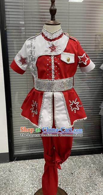 Professional Cosplay Red Army Garment Children Modern Dance Fashion Hero Dance Red Outfits Chorus Group Performance Clothing