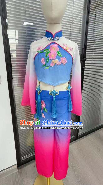 Chinese Children Yangge Performance Blue Uniforms Folk Dance Outfits Girl Fan Dance Costumes Yangko Dance Clothing