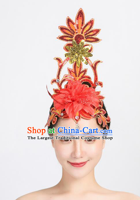 China Spring Festival Gala Opening Dance Headpiece Woman Group Dance Red Flower Sequins Hair Stick Modern Dance Hair Accessories