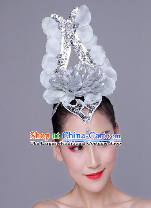 China Modern Dance Hair Accessories Opening Peony Dance Headpiece Woman Group Dance Argent Flower Hair Crown