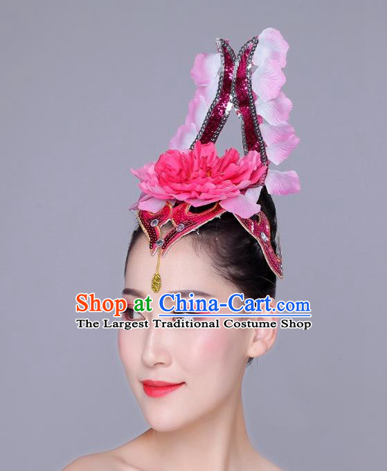 China Modern Dance Hair Accessories Spring Festival Gala Peony Dance Headpiece Woman Opening Dance Group Dance Pink Flower Hair Crown