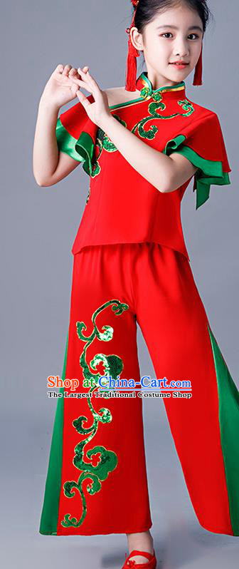 Chinese Children Folk Dance Red Uniforms Yangko Dance Costumes Girl Drum Dance Dress Fan Dance Clothing
