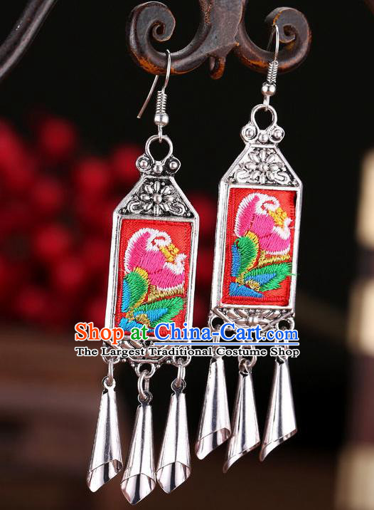 Chinese Yunnan Ethnic Woman Ear Accessories Miao Nationality Silver Earrings Hmong Minority Dance Embroidered Red Ear Jewelry