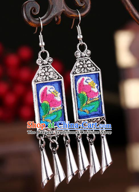 Chinese Miao Nationality Silver Earrings Hmong Minority Dance Embroidered Blue Ear Jewelry Yunnan Ethnic Woman Ear Accessories