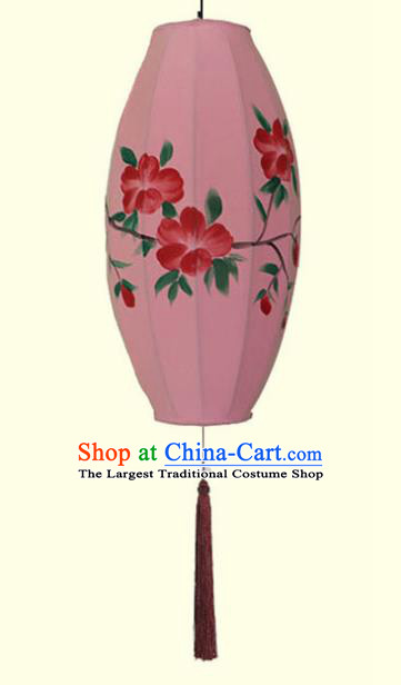 China Classical Pink Cloth Lamp Traditional Festival Hanging Lanterns Hand Painting Peach Blossom Lantern