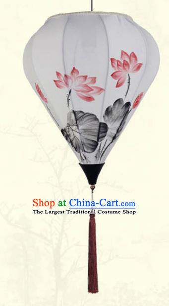 China Traditional New Year Hanging Lanterns Handmade Ink Painting Lotus Lantern Classical White Cloth Diamond Lamp