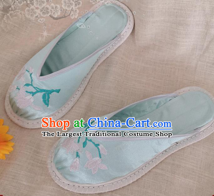 Chinese National Strong Cloth Shoes Handmade Embroidery Light Green Satin Shoes Woman Slippers