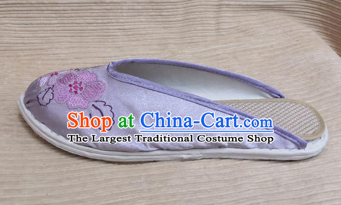Chinese Handmade Embroidery Lilac Satin Shoes Woman Slippers National Strong Cloth Shoes
