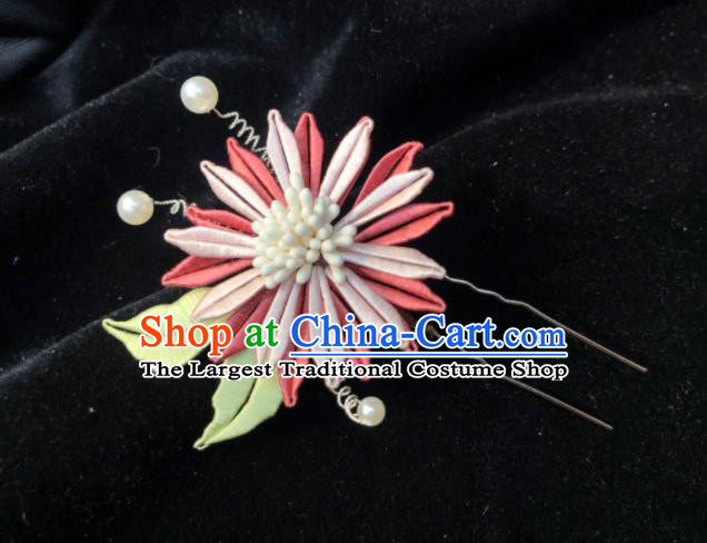 China Handmade Red Silk Chrysanthemum Hairpin Traditional Hanfu Hair Accessories Ancient Court Beauty Hair Stick