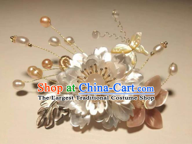 China Handmade Hairpin Traditional Hanfu Hair Accessories Ancient Princess Shell Peony Butterfly Hair Stick