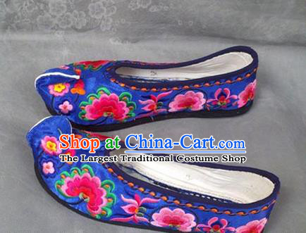 Handmade China Yunnan Embroidered Shoes Wedding Bride Hanfu Shoes Ethnic Dance Shoes National Woman Royalblue Satin Shoes