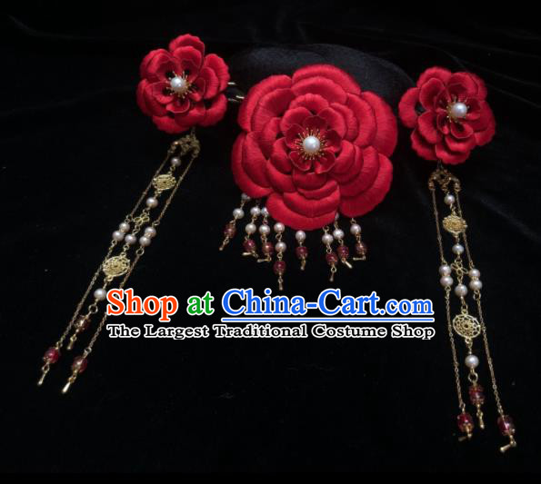 China Handmade Red Silk Peony Hairpin Traditional Hanfu Wedding Headpieces Ancient Bride Hair Crown