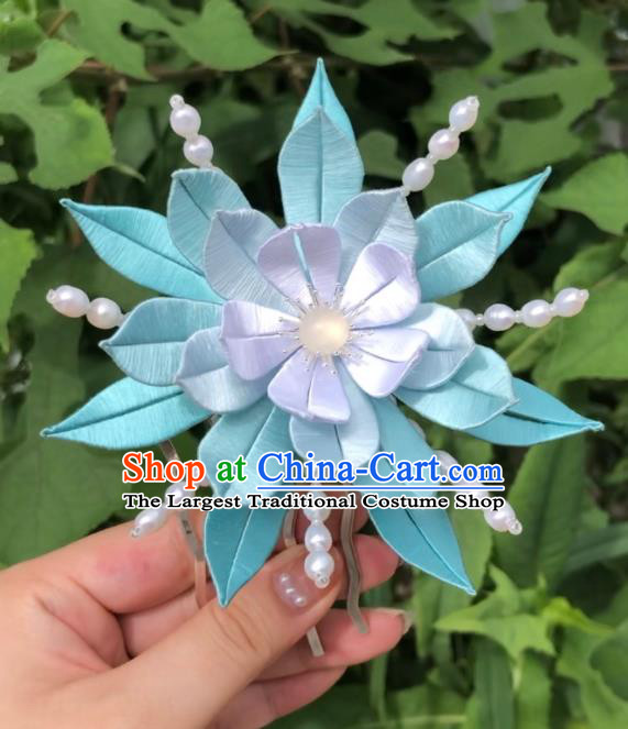China Handmade Blue Silk Epiphyllum Hairpin Traditional Hanfu Headpieces Ancient Young Beauty Hair Comb