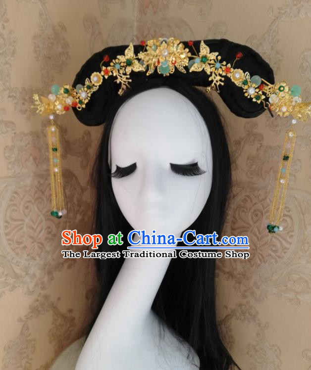 Chinese Handmade Wigs and Golden Hairpins Traditional Qing Dynasty Court Hair Accessories Ancient Princess Hairpieces