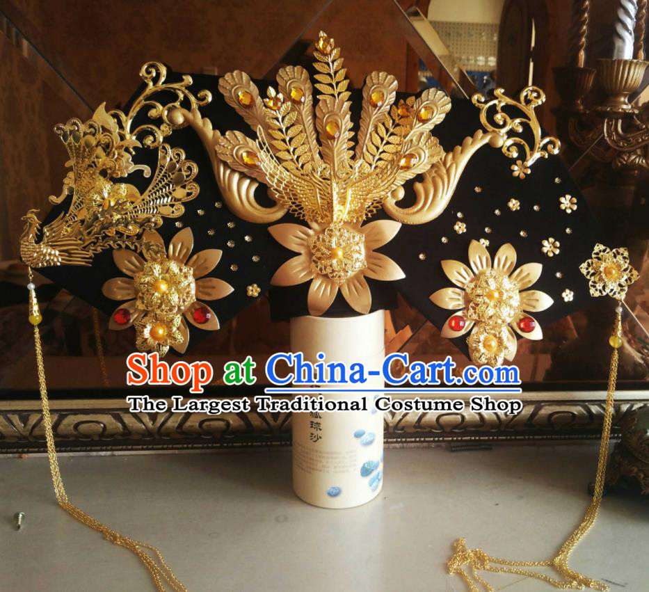 China Traditional Court Headwear Ancient Imperial Consort Great Wing Hat Handmade Qing Dynasty Court Woman Golden Phoenix Hair Crown