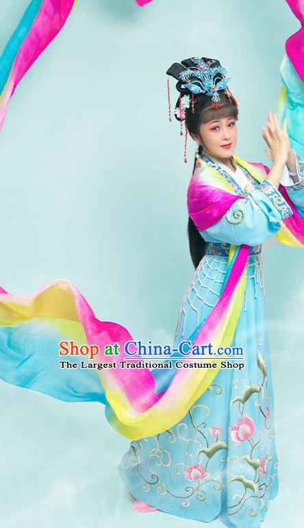 Chinese Yue Opera Young Beauty Clothing Ancient Flowers Fairy Blue Dress Beijing Opera Diva Garment Costumes