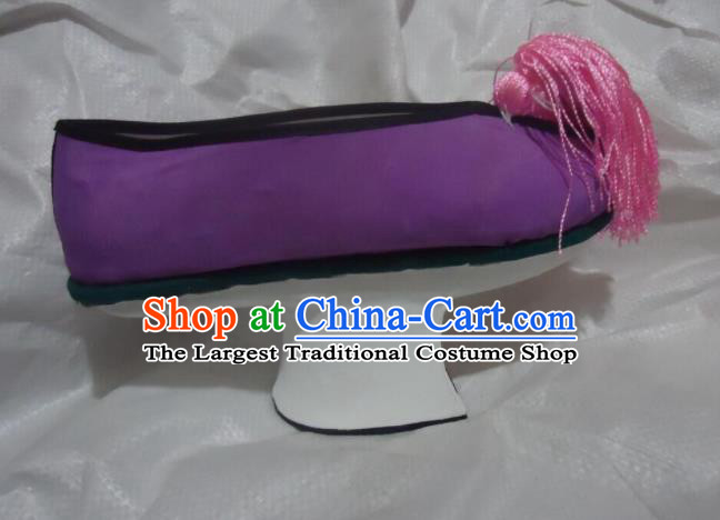 China Qing Dynasty Princess Shoes Traditional Peking Opera Hua Tan Shoes Peking Opera Diva Purple Satin Shoes