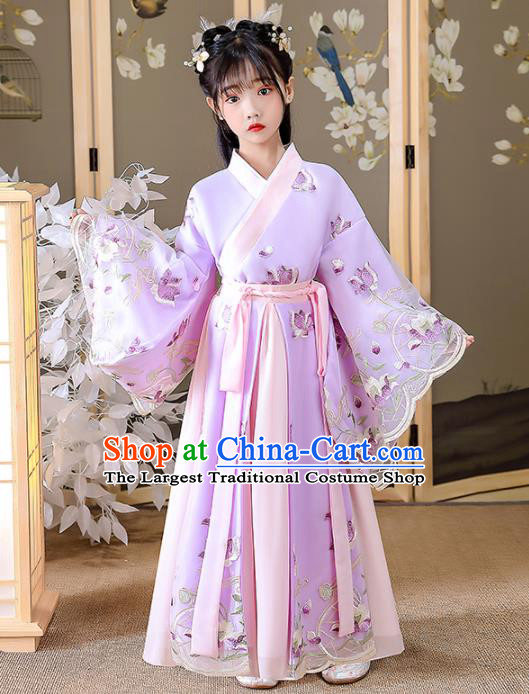 China Traditional Girl Stage Show Violet Hanfu Dress Jin Dynasty Princess Clothing Ancient Children Fairy Embroidered Costumes
