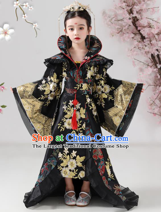 China Tang Dynasty Girl Empress Clothing Ancient Children Costumes Traditional Stage Show Queen Black Hanfu Dress