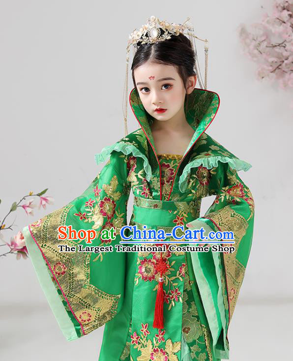 China Ancient Children Costumes Traditional Stage Show Queen Green Hanfu Dress Tang Dynasty Girl Empress Clothing