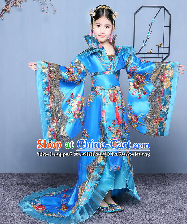 China Tang Dynasty Empress Clothing Ancient Girl Princess Garment Costume Traditional Court Children Blue Hanfu Dress