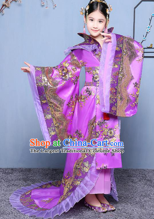 China Traditional Court Children Purple Hanfu Dress Tang Dynasty Empress Clothing Ancient Girl Princess Garment Costume