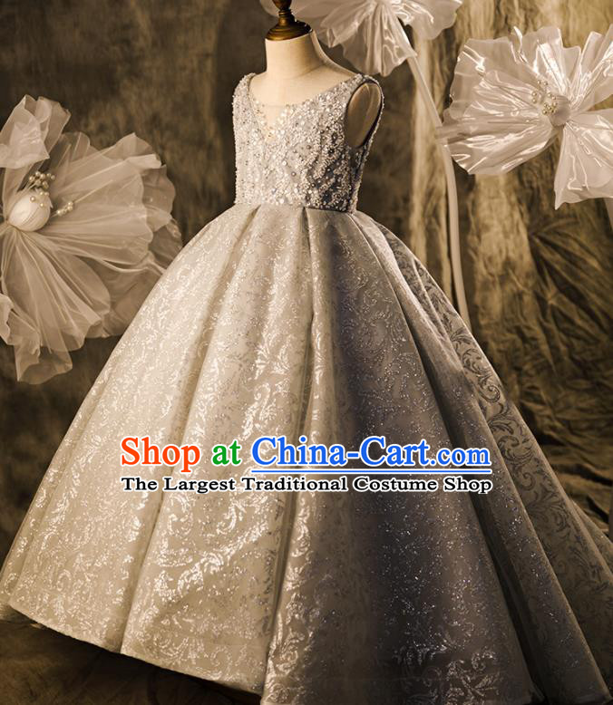 Professional Flower Girl Stage Show Fashion Clothing Catwalks Grey Trailing Full Dress Children Piano Performance Formal Costume