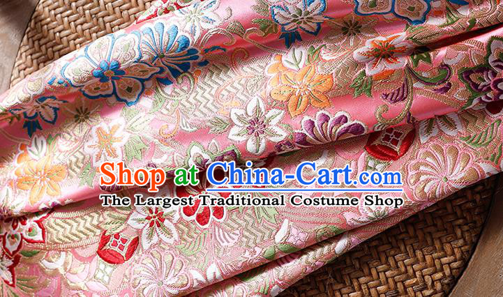 Asian Kimono Drapery Japanese Classical Chrysanthemum Pattern Tapestry Fabric Traditional Brocade Yukata Dress Pink Satin