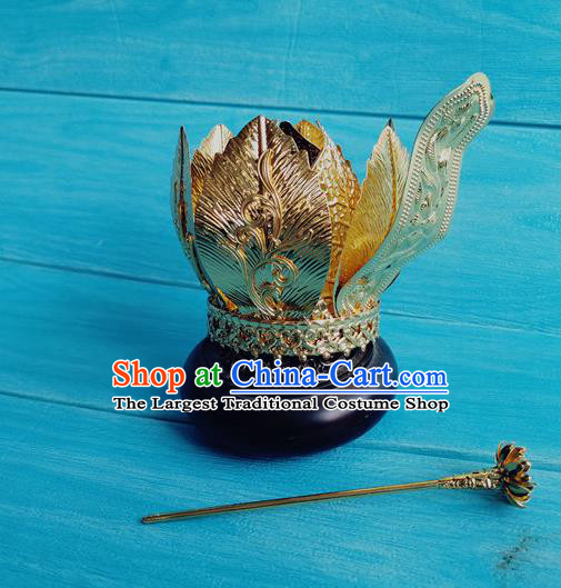 China Traditional Tang Dynasty Empress Golden Lotus Hair Crown Ancient Imperial Consort Hairpin Drama The Longest Day in Chang An Yan Yuhuan Headpieces