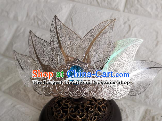 Chinese Traditional Tang Dynasty Prince Hair Accessories Ancient Swordsman Argent Leaf Hairdo Crown