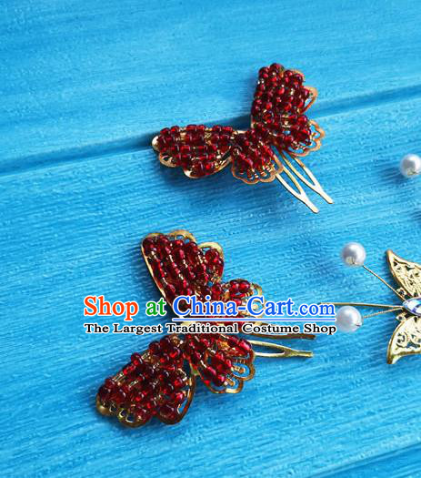 Chinese Ming Dynasty Young Lady Hairpin Traditional Hanfu Hair Accessories Ancient Princess Red Beads Butterfly Hair Combs