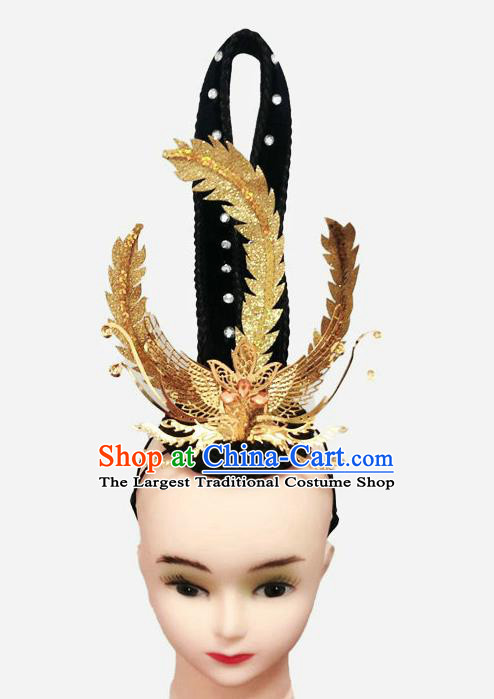 China Classical Dance Hair Accessories Flying Dance Headpieces Traditional Stage Performance Wigs and Golden Phoenix Crown