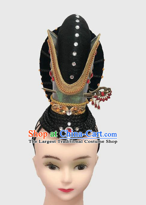 China Classical Dance Hairpieces Traditional Tang Dynasty Court Dance Wigs Woman Solo Dance Hair Clasp