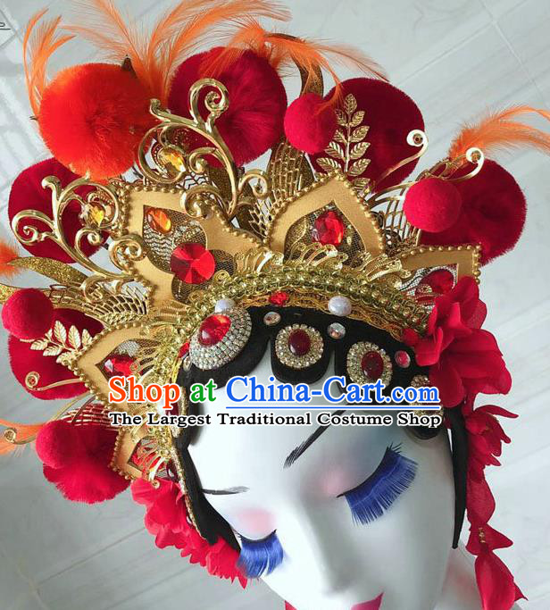 Chinese Peking Opera Blues Helmet Opera Female General Performance Feather Headdress Classical Dance Wigs and Hair Accessories