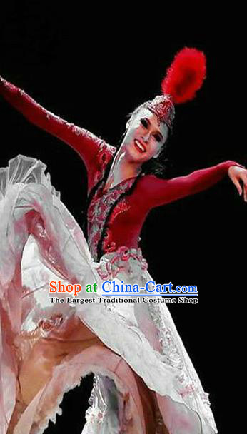 China Ethnic Folk Dance Red Hat Kazak Nationality Dance Headdress Xinjiang Minority Performance Feather Headwear