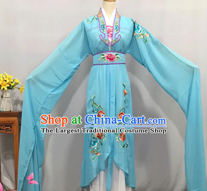 China Peking Opera Fairy Blue Water Sleeve Dress Outfits Ancient Princess Garment Costumes Traditional Shaoxing Opera Female Clothing