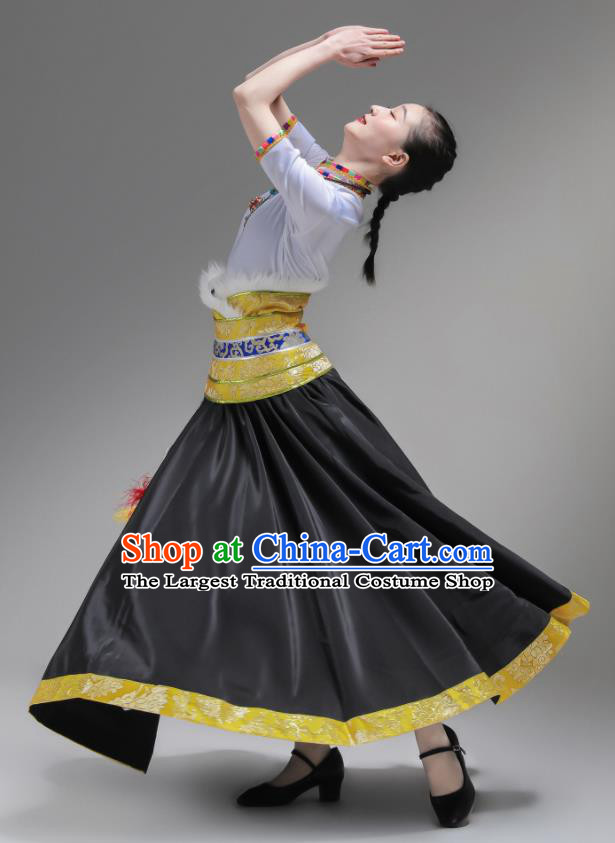 Chinese Zang Nationality Clothing Folk Dance Costume Ethnic Woman Garments Tibetan Minority Performance Black Dress Outfits