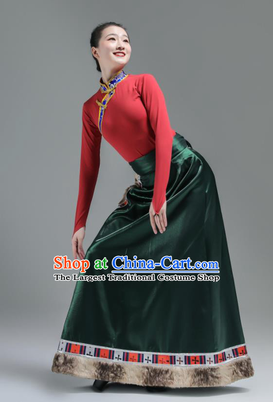 Chinese Tibetan Minority Performance Green Dress Outfits Zang Nationality Clothing Folk Dance Costume Ethnic Woman Garments